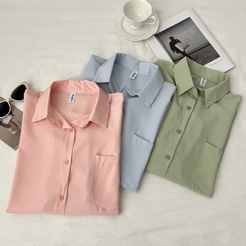 الصيف رقيقة الشيفون واقية من الشمس بلوزة المرأة الصيف فضفاضة طويلة الأكمام زر قمصان الكورية شيك كسول نمط التلبيب القمم جديد