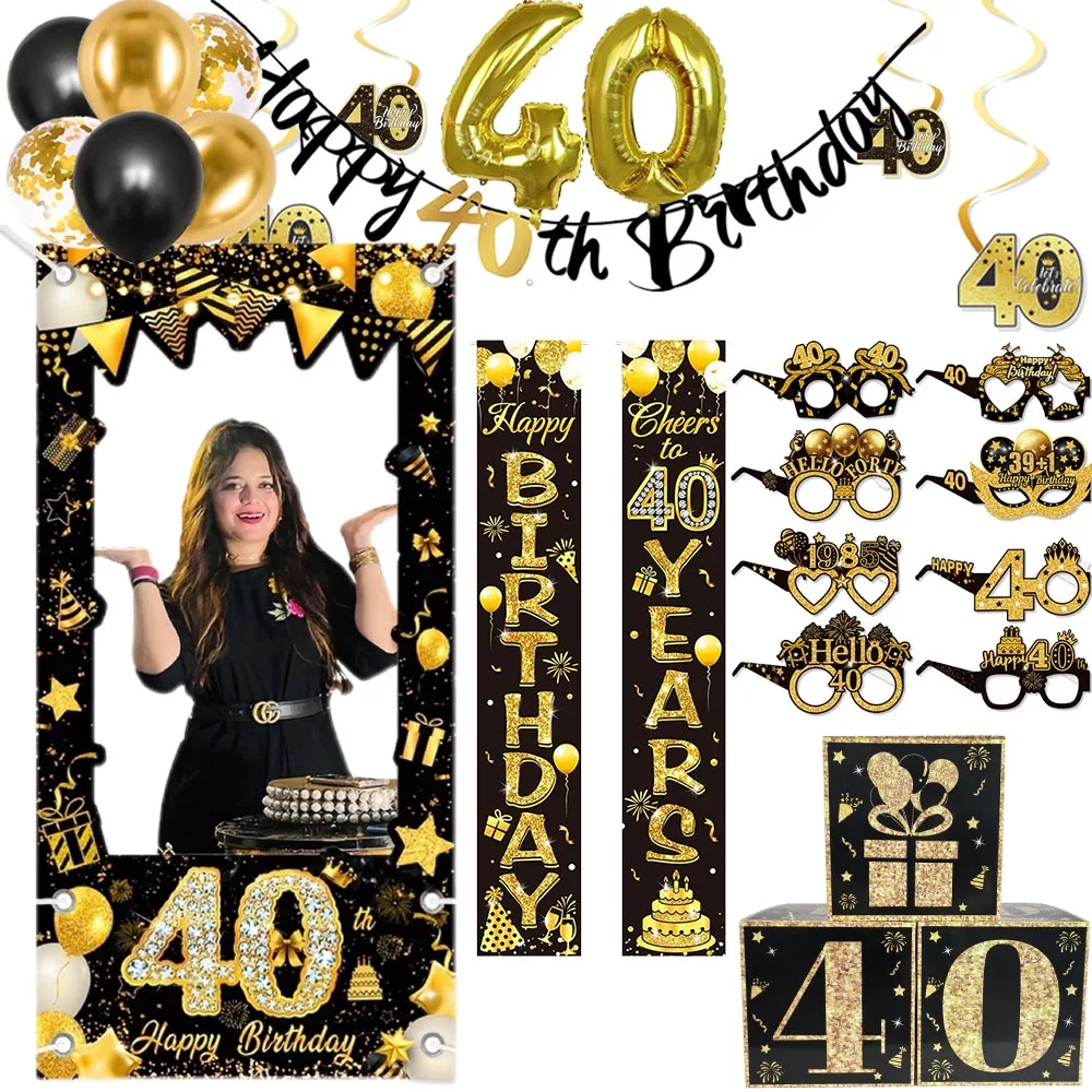 Glitzerndes Schwarzgold, 40. Geburtstag, Party, Fotokabinen-Requisiten, Fotorahmen, Männer und Frauen, 40. Geburtstag, Party, Foto-Requisiten, Dekorationszubehör