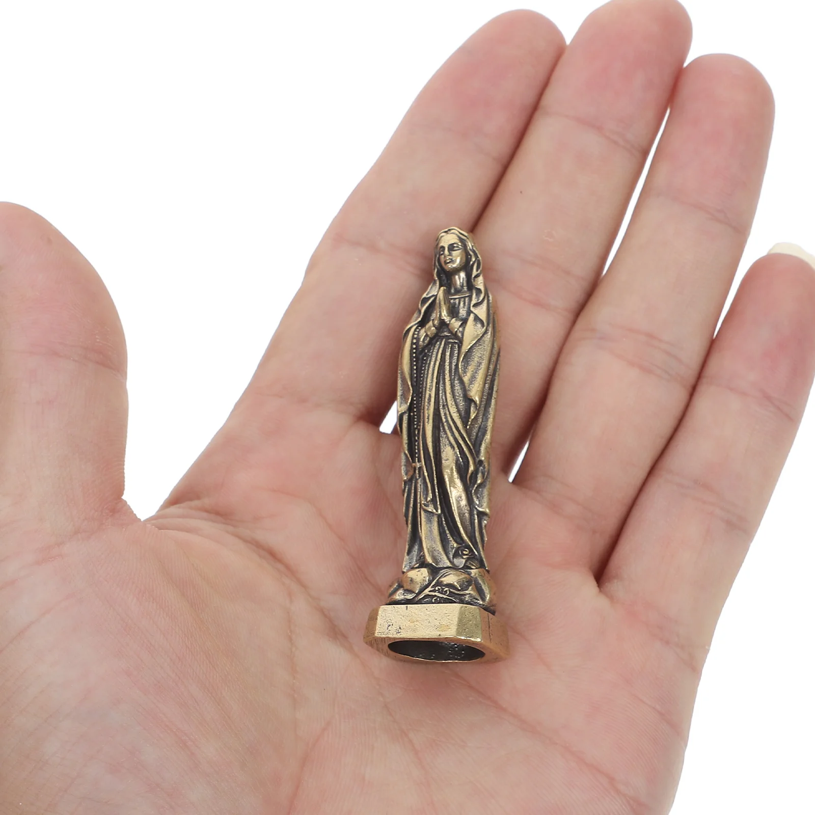 

1pc Religious Brass Catholic Goddess Sculpture Retro Brass Virgin Mary Statue Miniature Desktop Ornament Craft 6.3X1.9X1.50 cm