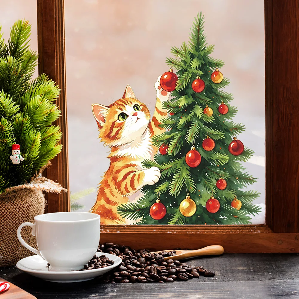 Cartoon Painted Cat Christmas Tree Light Ball Static Window Stickers, Removable Glass Decals for Balcony Home Window Decor