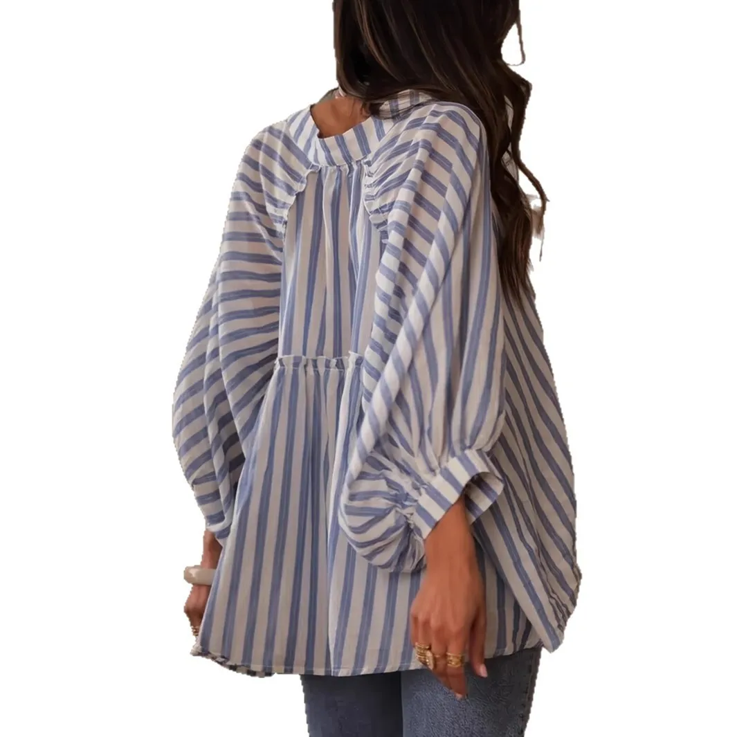 Striped Loose Fit Shirt with Long Sleeve Mid Length Streetwear Women Blouse No Stretch Plaid Regular Sleeve Single Breasted