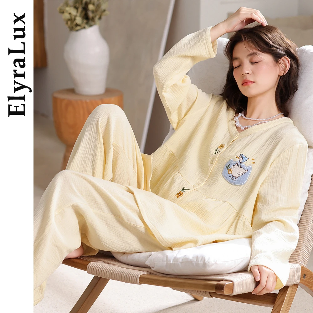 

ElyraLux женский мягкий пижамный комплект с длинными рукавами на пуговицах, милый комплект для отдыха с вышивкой, уютная ночная рубашка