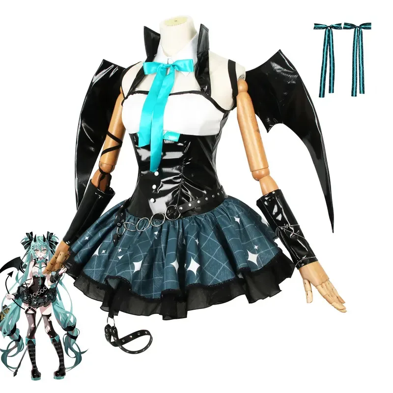 

Sexy Demon Miku Costumes Anime Devil Hatsune Cosplay Uniform Dress Wigs Wings Suit With Horns Tail Halloween Party eo]5