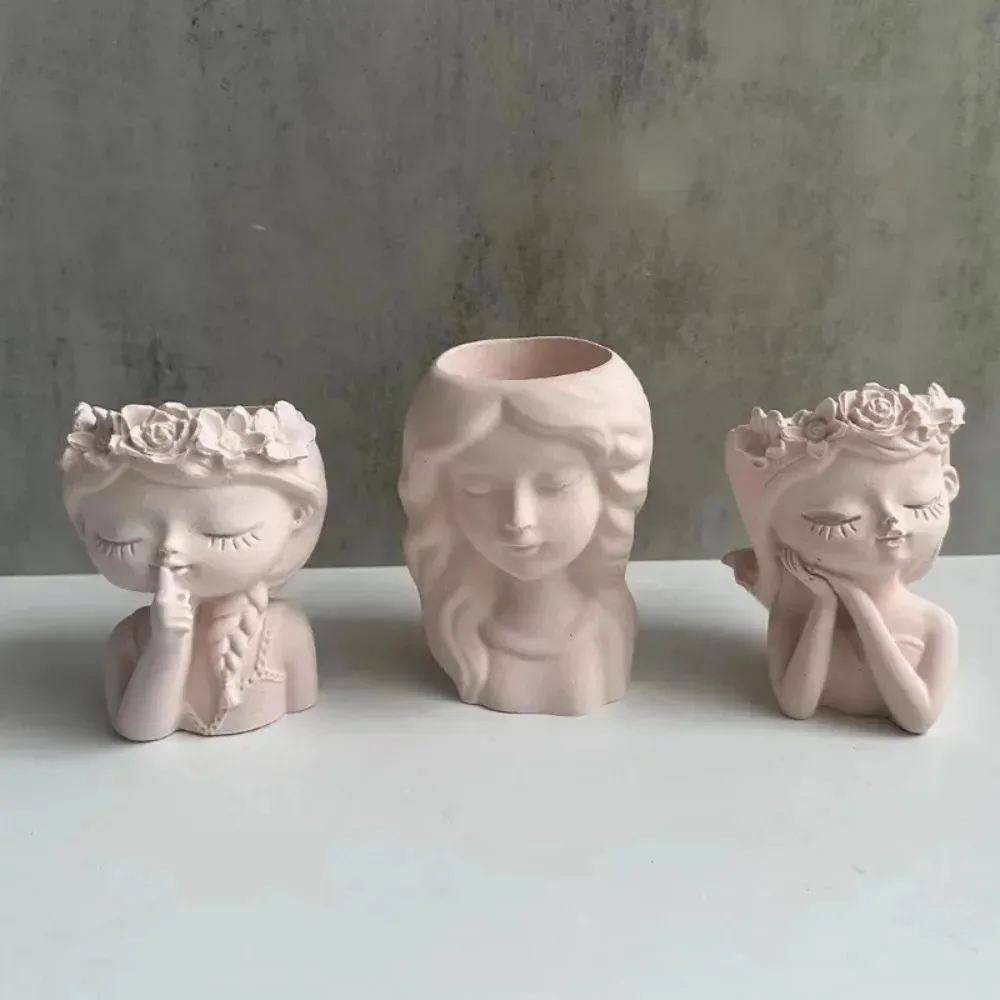 Concrete Vase Silicone Mold DIY Handmade Girl Head Shaped Flower Pot Plaster Epoxy Resin Pen Holder Molds Home Decor Supplies