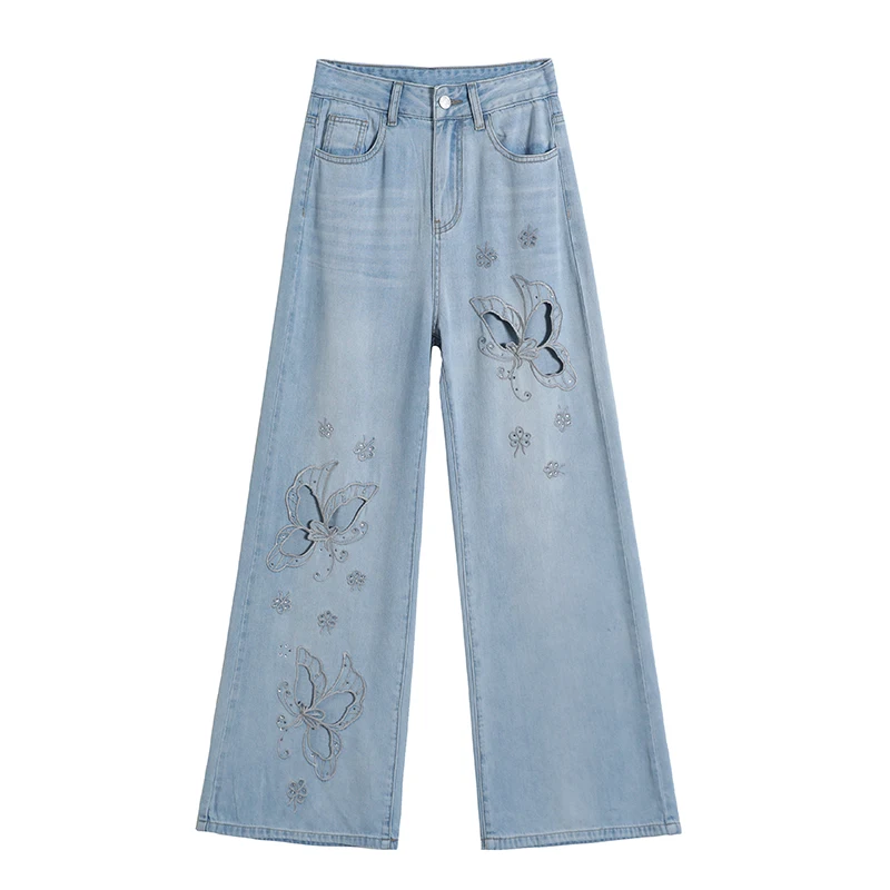Women's Light Blue Butterfly Rhinestone Jeans High Waist Loose Straight Denim Pants Hollow Out Cutout Jeans Vintage Aesthetic