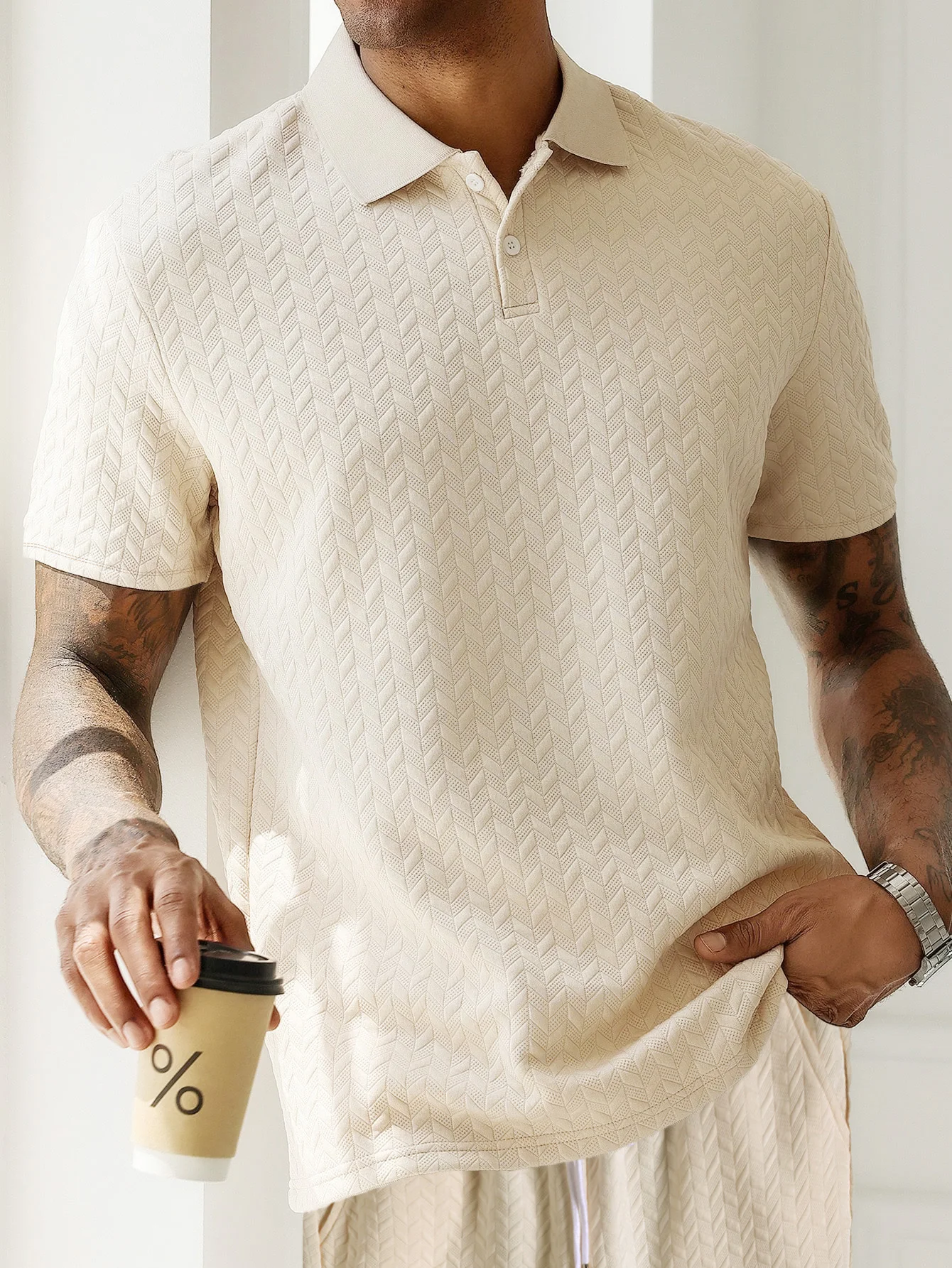 

Men's Beige Herringbone Texture Polo Set 2 Piece Short Sleeve Lapel Polo & Drawstring Shorts Casual Outfit Multiple Versions Available