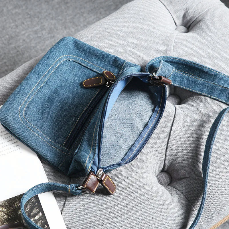 Hot Denim Shoulder Bag Men Women Solid Color Messenger Bag Casual Fashion Crossbody Bag Retro Male Zipper Diagonal Straddle Bag