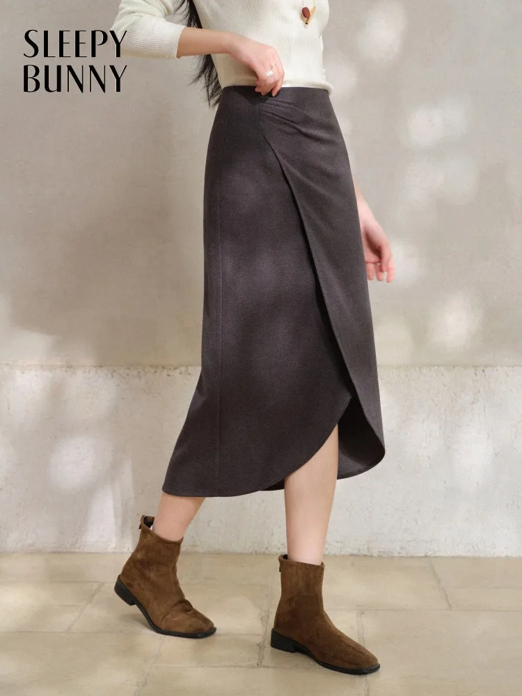 Elegant High-Waist Midi Skirt for Women Lady Asymmetrical Wrap Skirt Slim Bodycon Vintage Skirt Warm Chic Look for Daily Wear