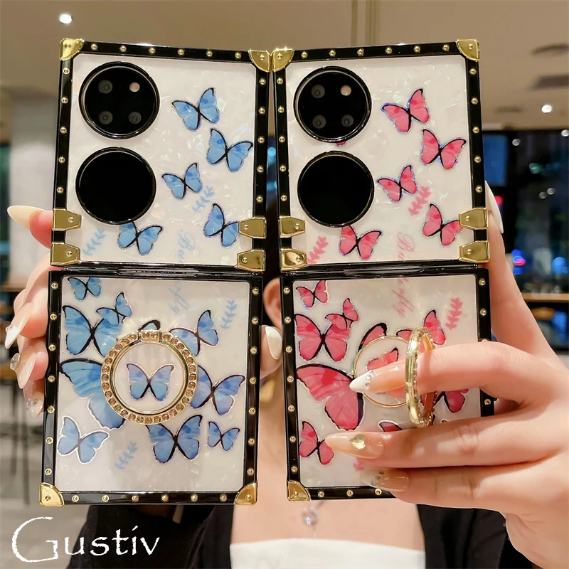 

Luxury Butterfly Pattern Case For Huawei P50 Pocket P60 P40 P30 P20 Lite Pro With Soft Square Glitter Gold Plating Holder Cases