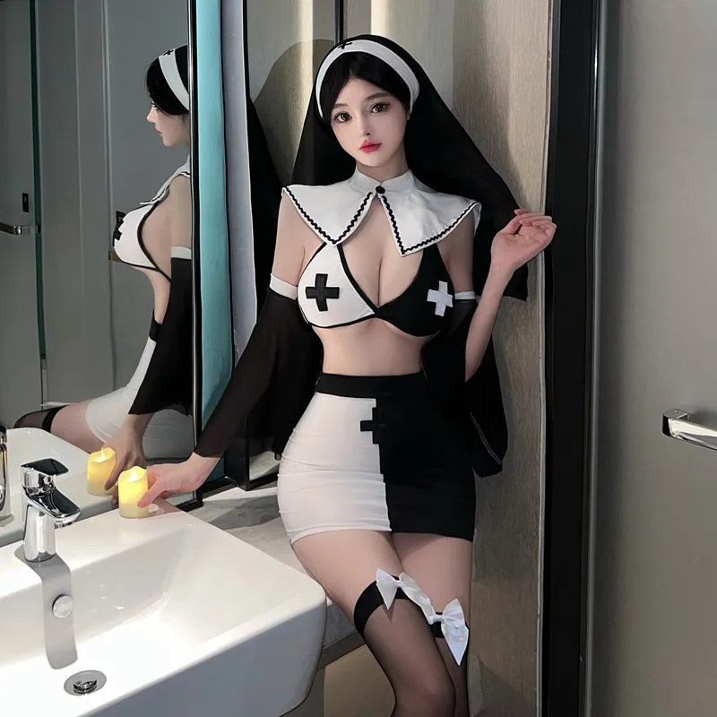 New Sexy Lingerie Nun's Uniform Collocate Nun Hat Detachable Tie Black and White Patchwork Bra Bow Stockings Wrap Hip Skirt