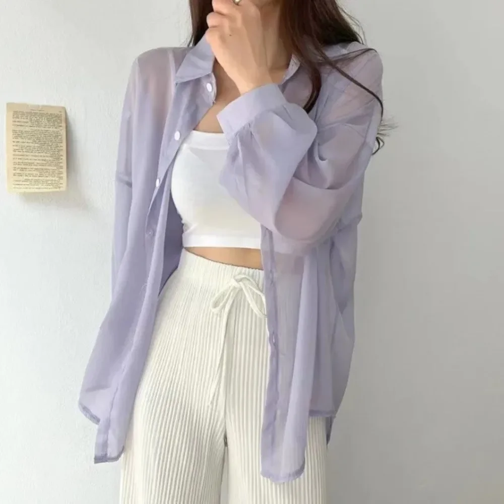 Summer Sunscreen Shirt Elegant Perspective Thin Chiffon Blouse Korean Harajuku See Through Loose Top Casual Women\'s Cardigan