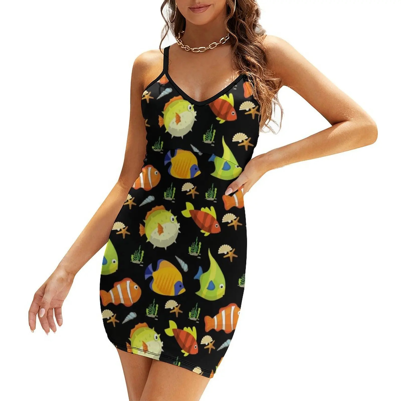 

Tropical Fish Pattern in Black Background Sling Dress summer dress for women 2025 women formal occasion dresses cocktail dresses
