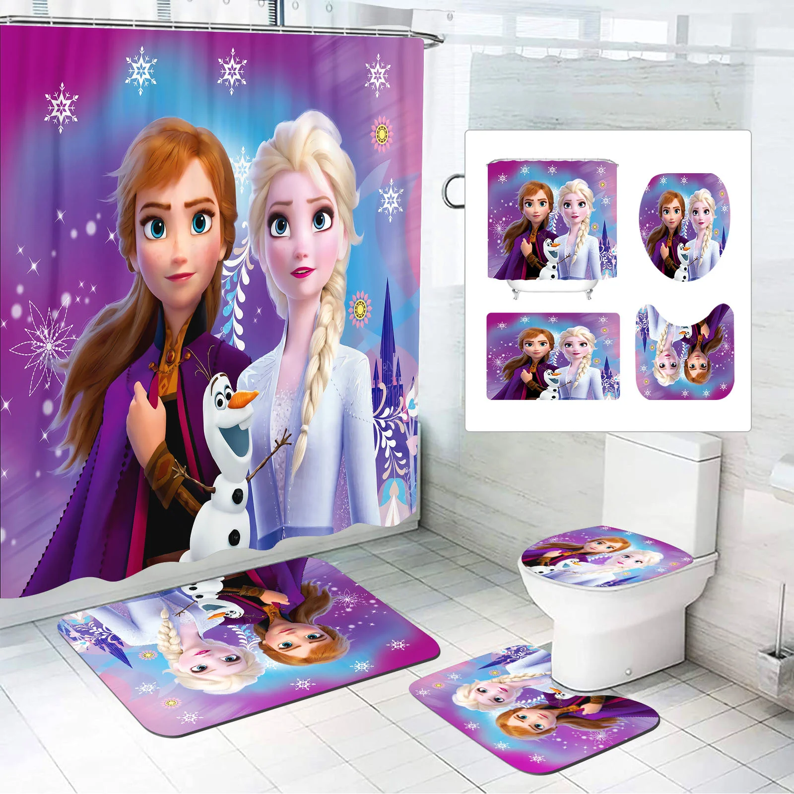 Christmas Gifts Frozen Princess 4 Piece Bathroom Accessories Set Mats And Shower Curtain Sets Luxury Waterproof Anime Home