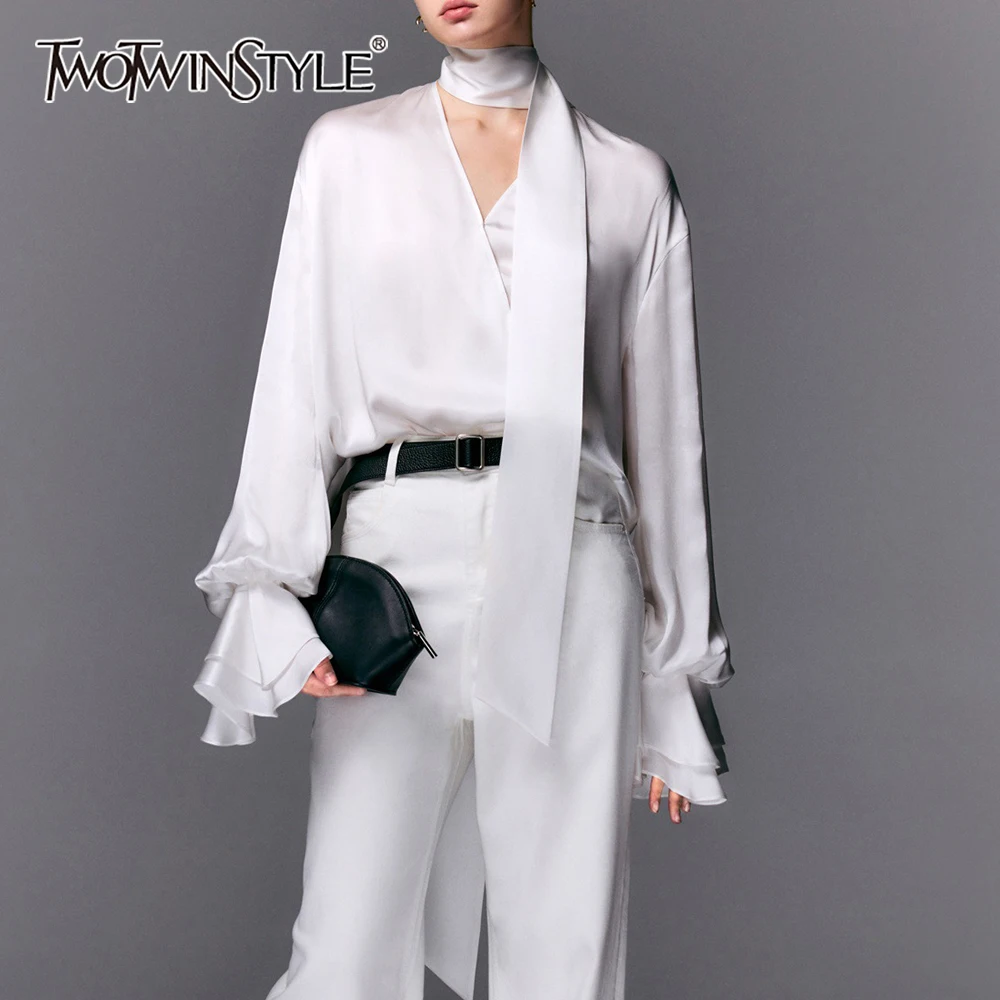 

TWOTWINSTYLE Solid Loose Spliced Ribbon Basics Blouses for Women V Neck Long Sleeves Patchwork Ruffles Blouse Female Fashion New