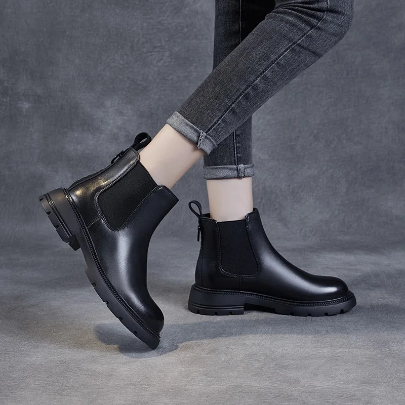 DRKANOL 2024 British Style Women Chelsea Boots Square Heel Platform Slip On Ankle Boots For Women Genuine Leather Casual Boots