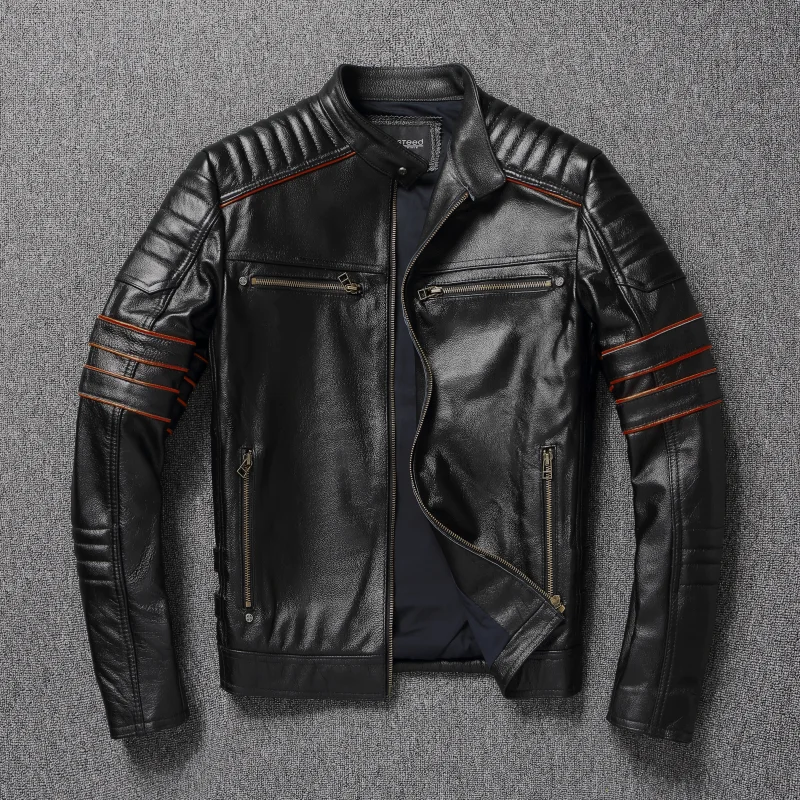 

Men's Spring Original Leather Motorcycle Jacket 2025 Skull Embroidery Top Layer Cowhide Clothing Slim Fit Black Slim Male Coat