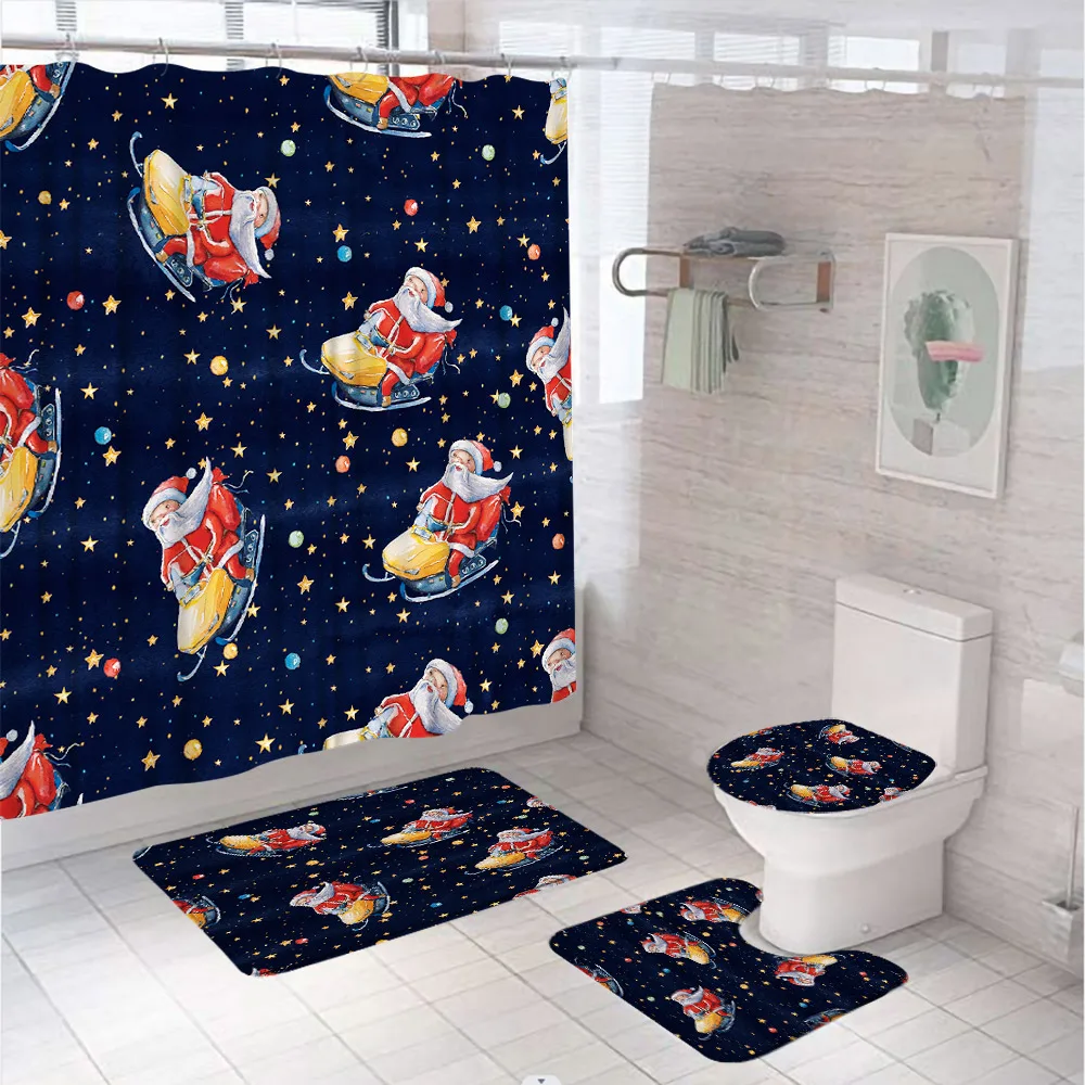 Christmas Santa Claus Shower Curtain Set Cute Reindeer Gift Bird Winter Snowflake Bathroom Curtain Bath Mat Rug Toilet Lid Cover