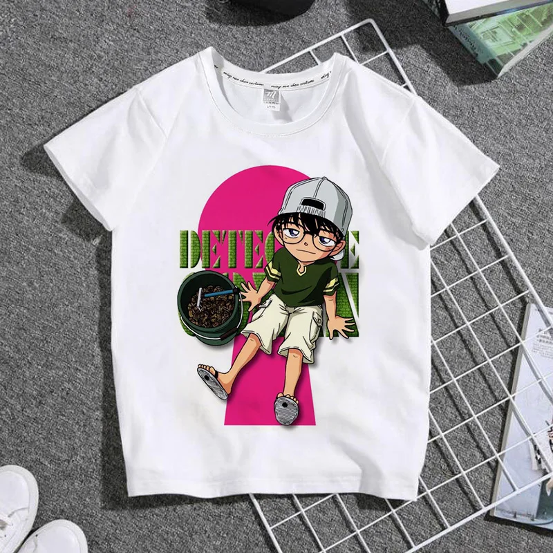 الصيف انمي ياباني اسم المحقق كونان الكرتون القطن الخالص ملابس الأطفال الطلاب جولة الرقبة تي شيرت بأكمام قصيرة