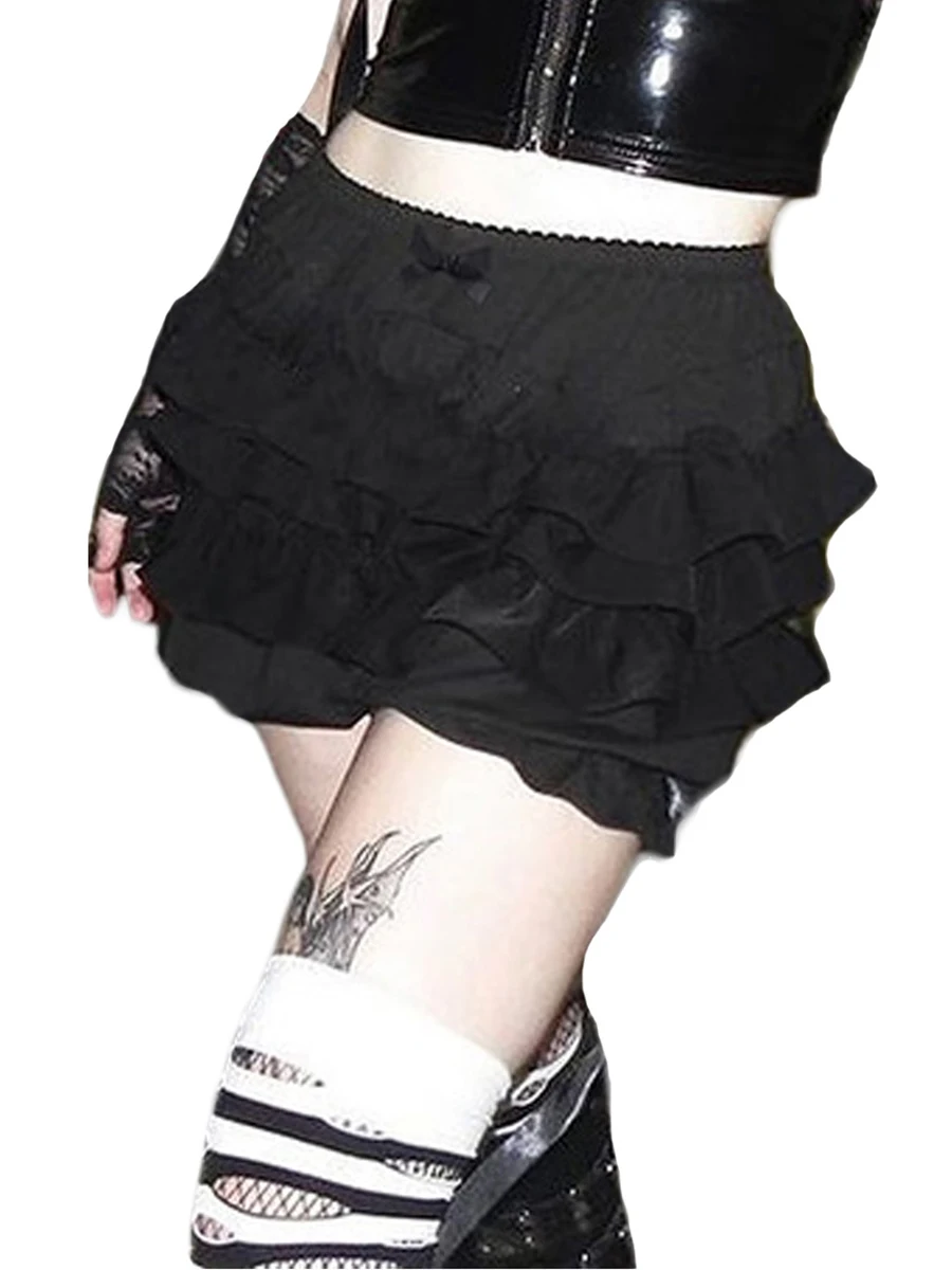 Women Bloomer Shorts Layered Ruffles Tierred Summer Elastic Waist Shorts Kawaii Lolita Solid Color Short Pants Streetwear Y2K