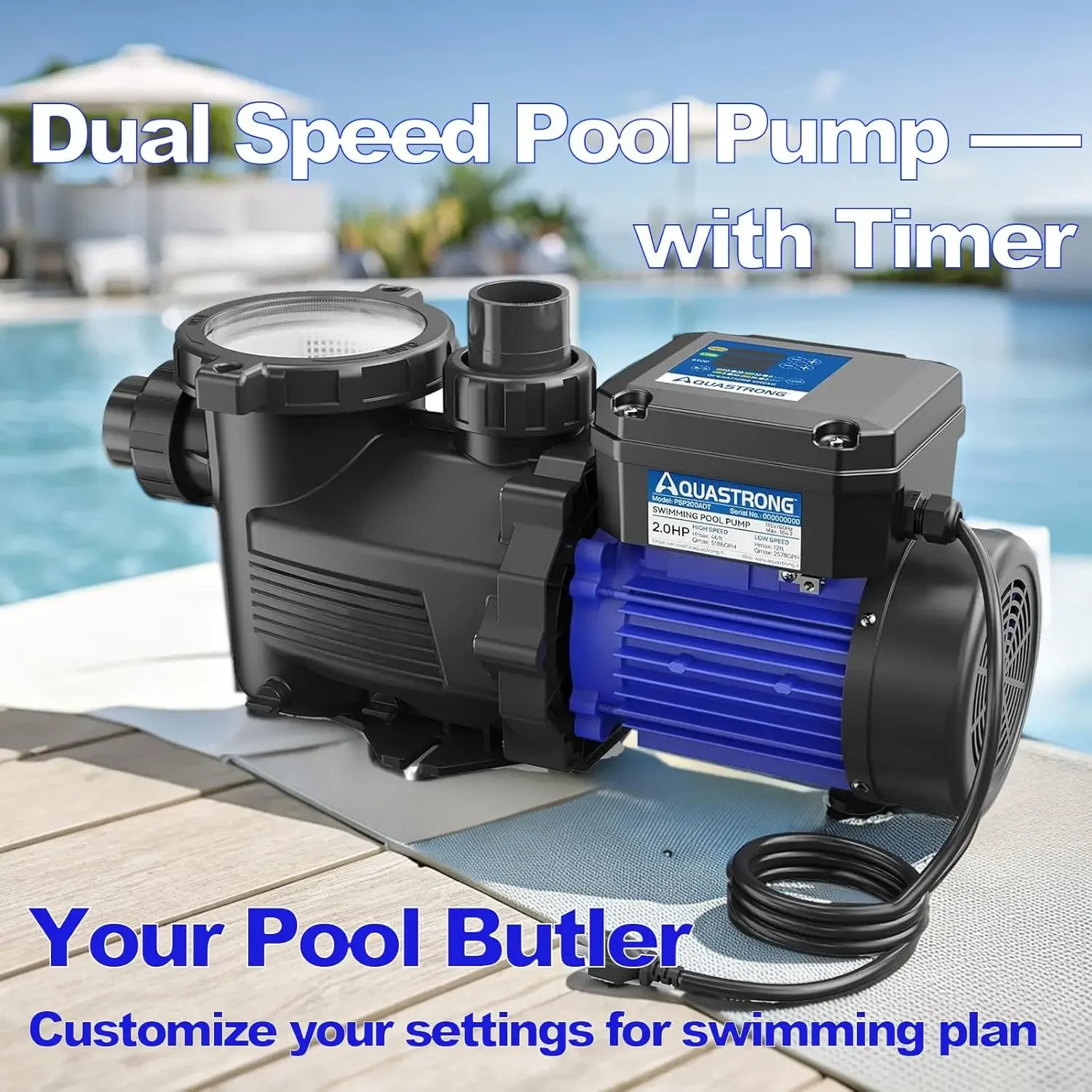 

In/Above Ground Pool Pump, High Flow (Dual Speed with Timer, 2HP, 5186 GPH, 115V)