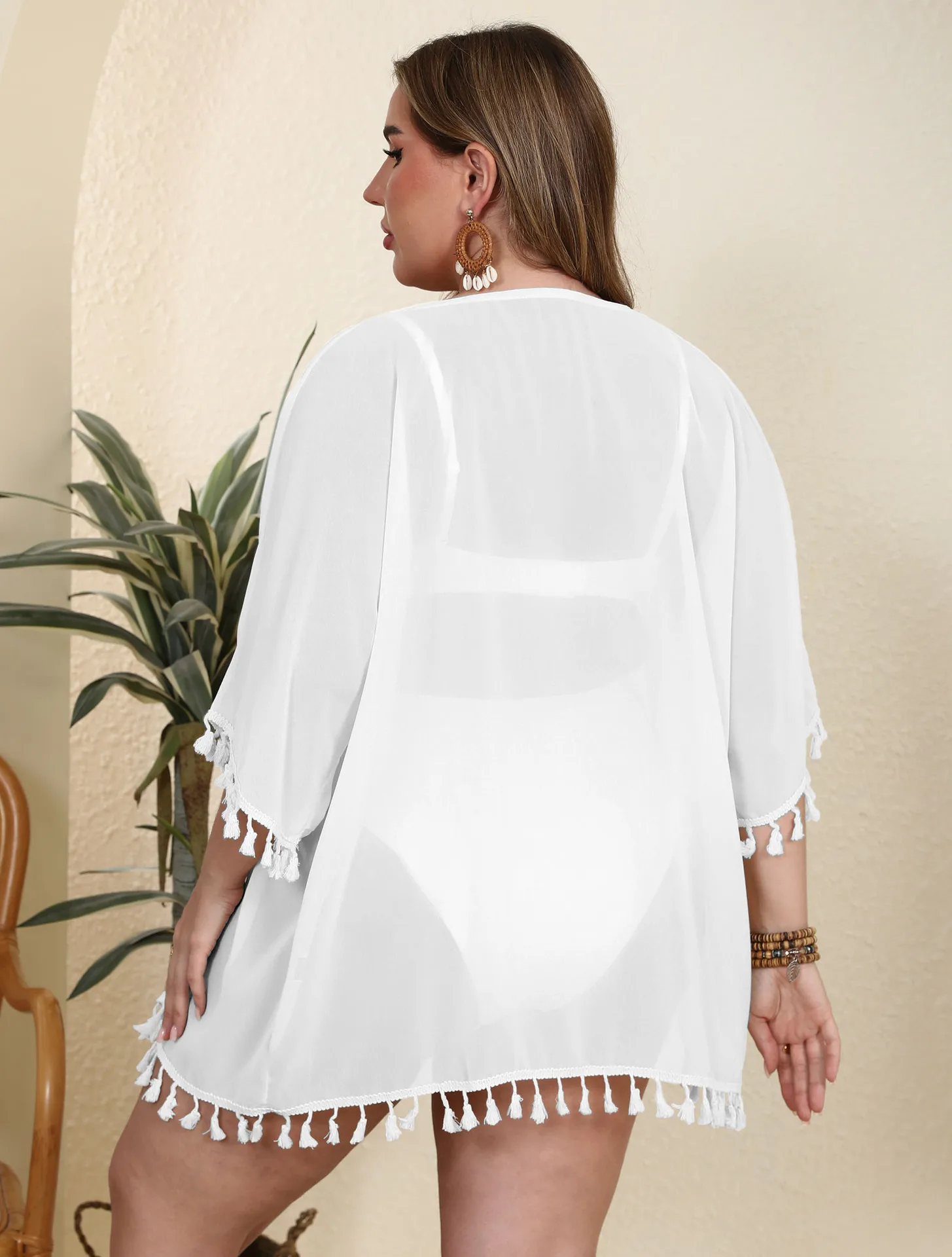 Plus Size Beachwear for Woman Cardigan Beach Dress with Short Sleeve Black Mesh Bathing Suit Cover Up White Loose Bikini Coverup