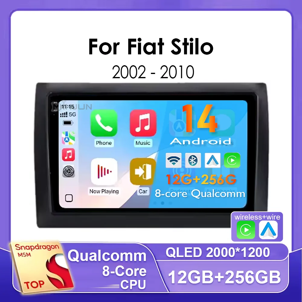 

For Fiat Stilo 2001 - 2010 2K QLED Android 14 Qualcomm Car Radio Multimedia Video Player GPS CarPlay Auto 4G Stereo Head Unit