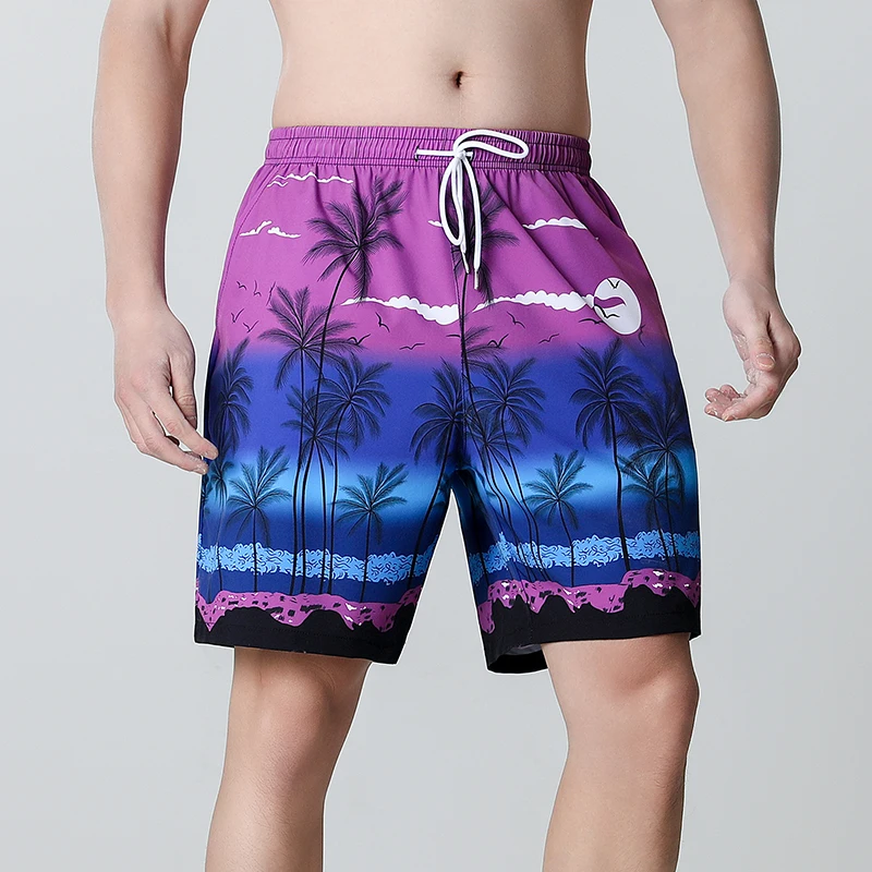 Summer Vacation Men's Palm Tree Print Drawstring Waist Board Shorts Men Fashion Swim Trunks 3D Print Breathable Short Pants Men