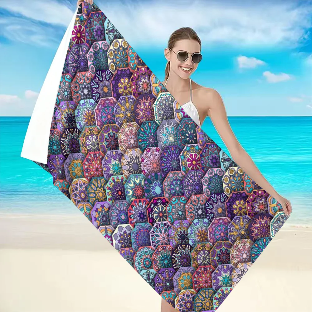 

1pc Tropical 3D Vintage Purple Mandala Beach Towel - Soft Microfiber with Palm Trees & Turquoise Water Patterns, Lightweight for