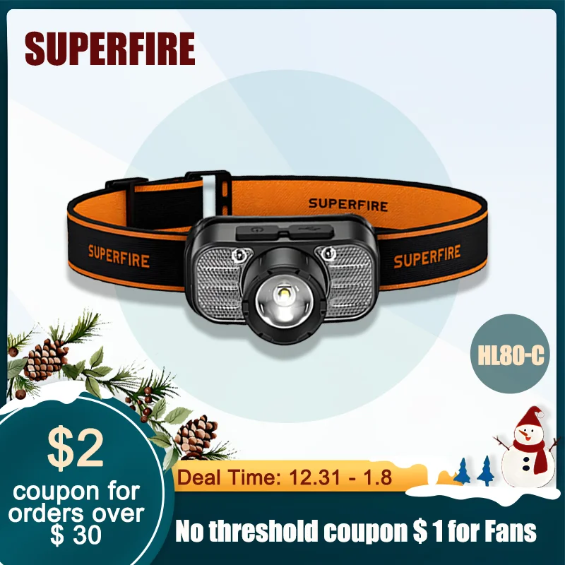 

SUPERFIRE HL80-C Powerful LED Headlamp USB C Rechargeable Telescopic Zoomable Sensor Headlight Fishing Camping Head Flashlight