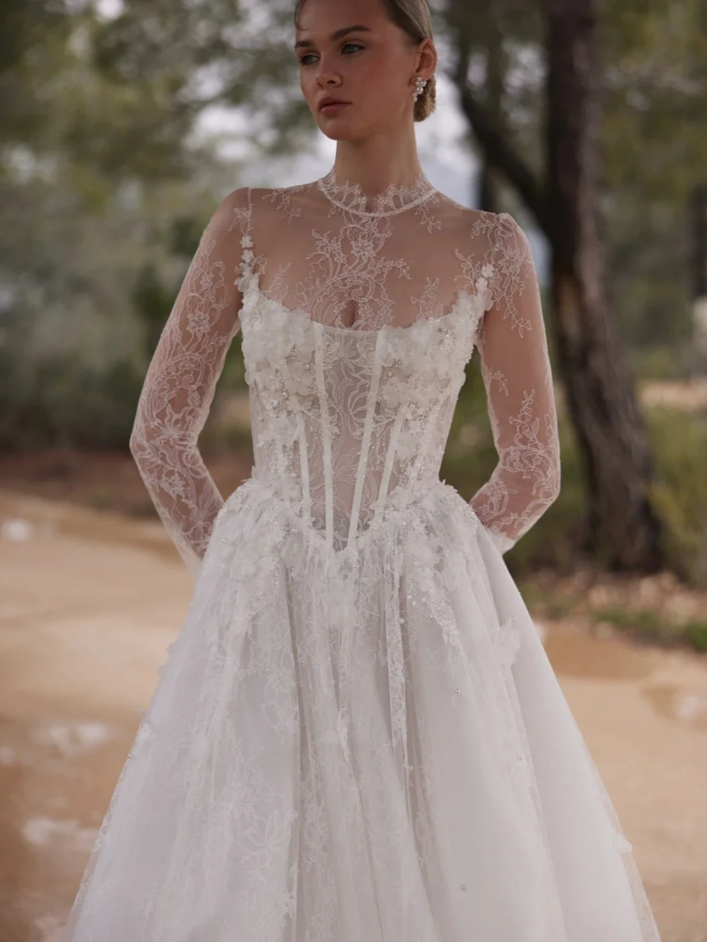 OL Dreamy-vestido de novia de flores 3D con cuentas brillantes, vestido modesto de manga larga con cuello alto, vestidos Aline blancos personalizados para novia 2026