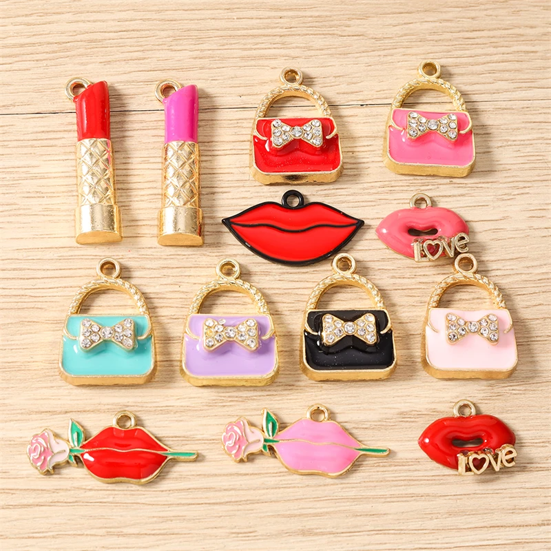 10 Stück niedliche, gemischte Emaille-Anhänger für Make-up-Taschen, Lippenstift-Anhänger für die Schmuckherstellung, Ohrhänger, Halsketten, DIY-Bastelzubehör – Detail 1