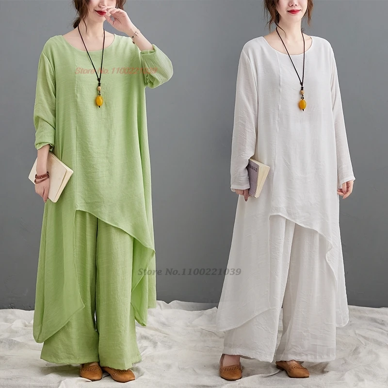 

2024 traditional chinese vintage set breathable loose tea service hanfu tops+pants set yoga meditation outdoor walking sports