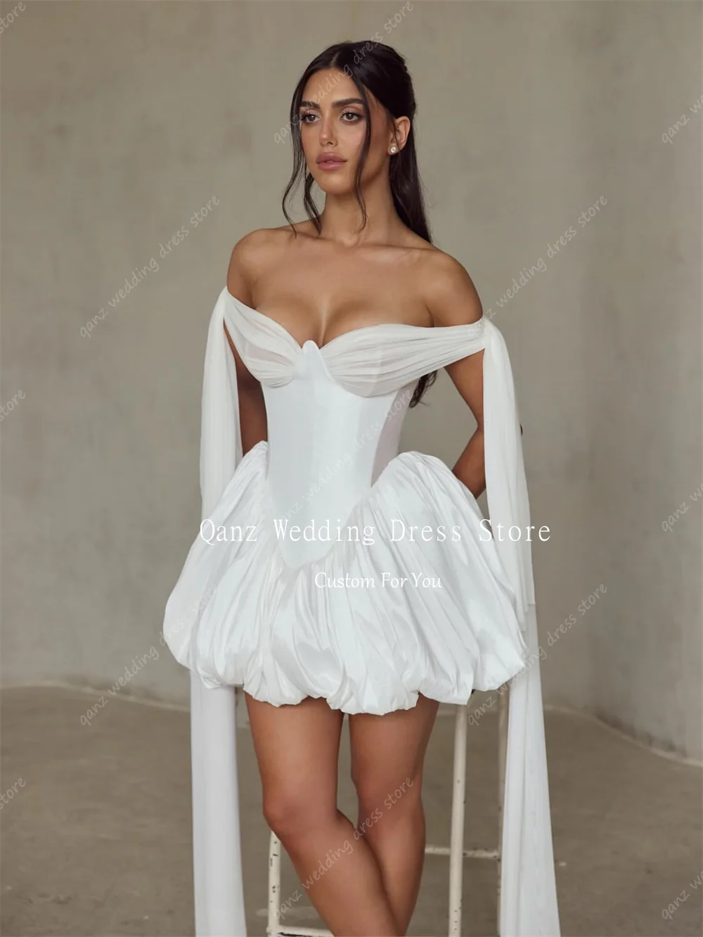 Qanz Off The Shoulder Mini Wedding Dress Sweertheart Short A Line Vestidos de Novia Civil Backless Robe De Mariée Customized