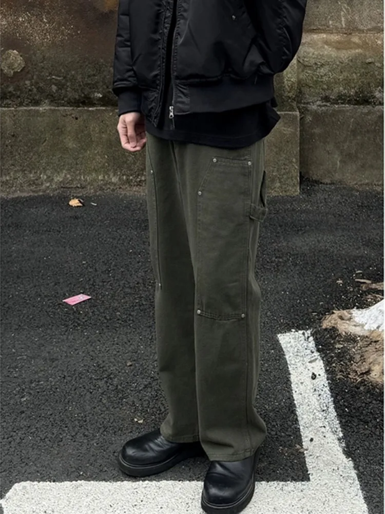 

Vintage Belted Workwear Denim Jeans Men's Trendy Logging Pants American Sle Loose Flared Long Trousers Cotton Polyester Blend