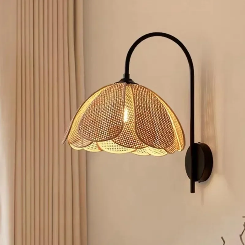 for Japanese Style LED Wabi Sabi Rattan Petal Wicker Wall Lamp Exquisite Art Decor for Bedroom Living Room Simple Elegant