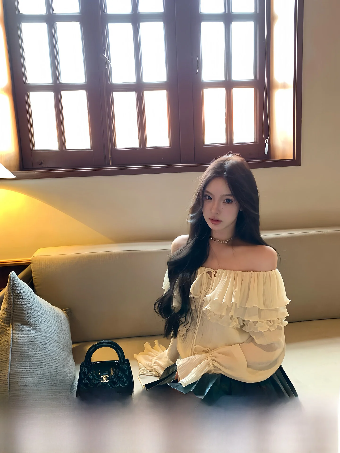 

Gold Waltz OYFF One Shoulder PU Leather Belted Skirt Set French Style Fitted Shirt with Pleated Skirt Long Sleeve Short Length