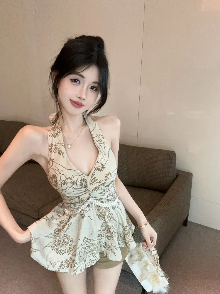 

Summer Vintage Spicy Girl Knot V-ne ter Top Women Design Sense Print Tassel Waist Cinch Beautiful Blouse Commute Sle S...