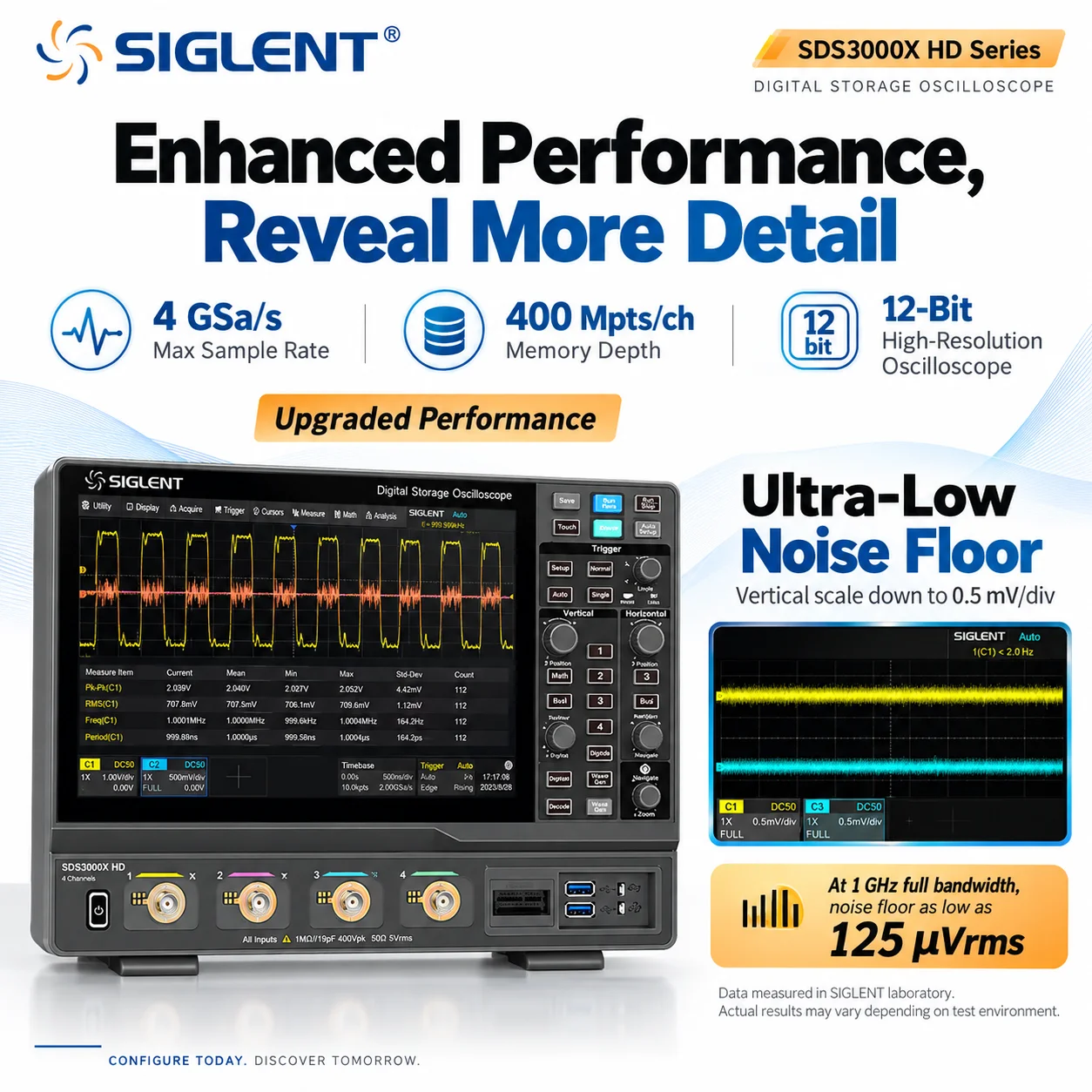 SIGLENT SDS3034X HD/SDS3054X HD/SDS3104X HD 12-Bit Digital Oscilloscope, 350MHz-1GHz, 4CH, 4GSa/s, 400Mpts, 10.1in Touch