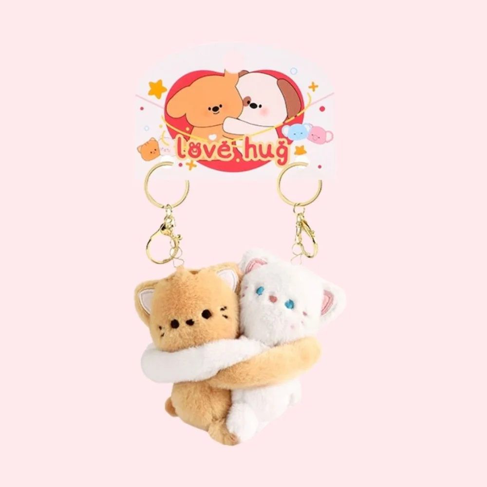 Backpack Decoration Couple Cartoon Keychains Stickable Stuffed Animal Cat Dog Kittens Puppies Embrace Love Hug Key Rings