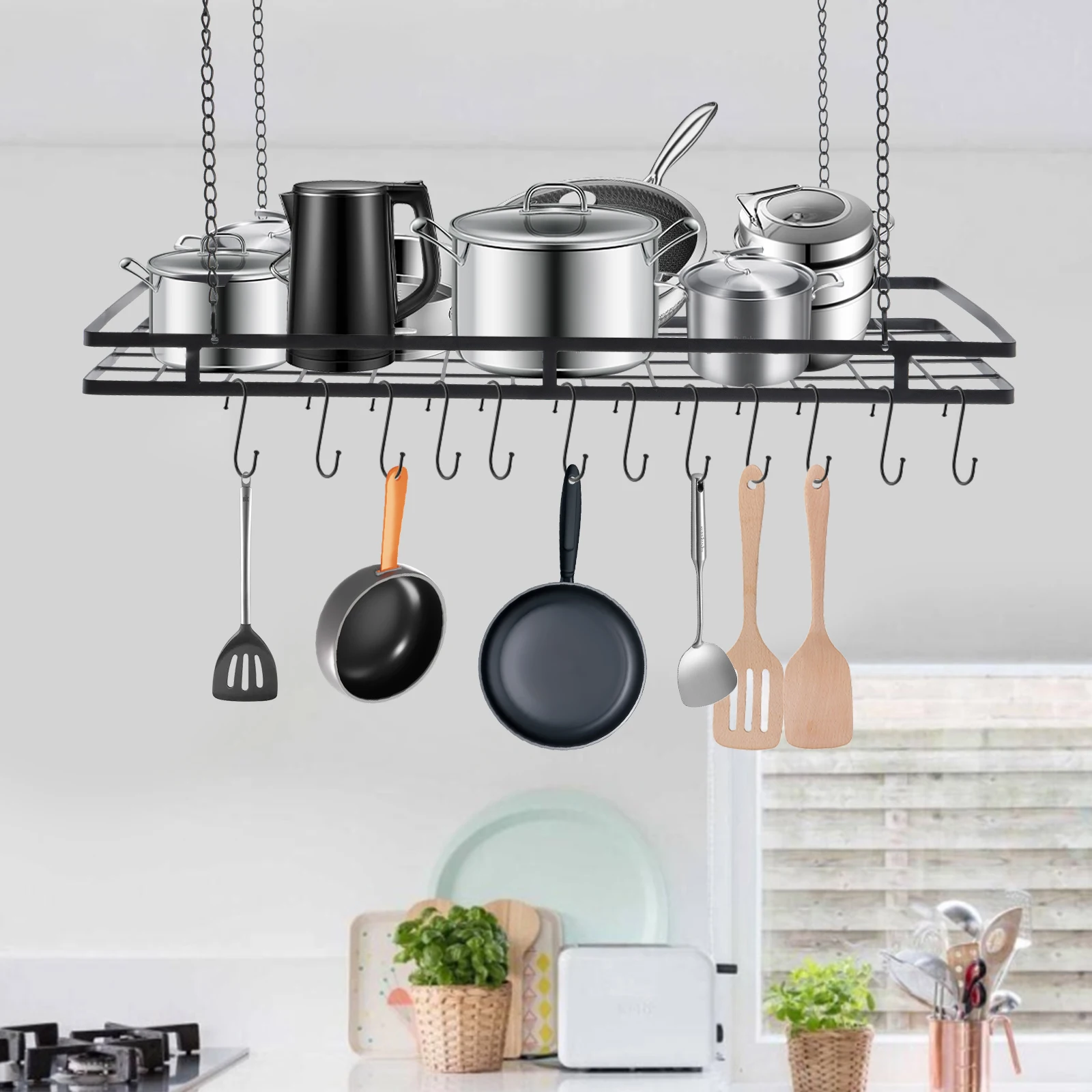 

31.5 in Ceiling Pot Rack and Pan Rack for Ceiling with 12 Hooks, Storage Rack Multi-Purpose Organizer for Kitchen, Restaurant
