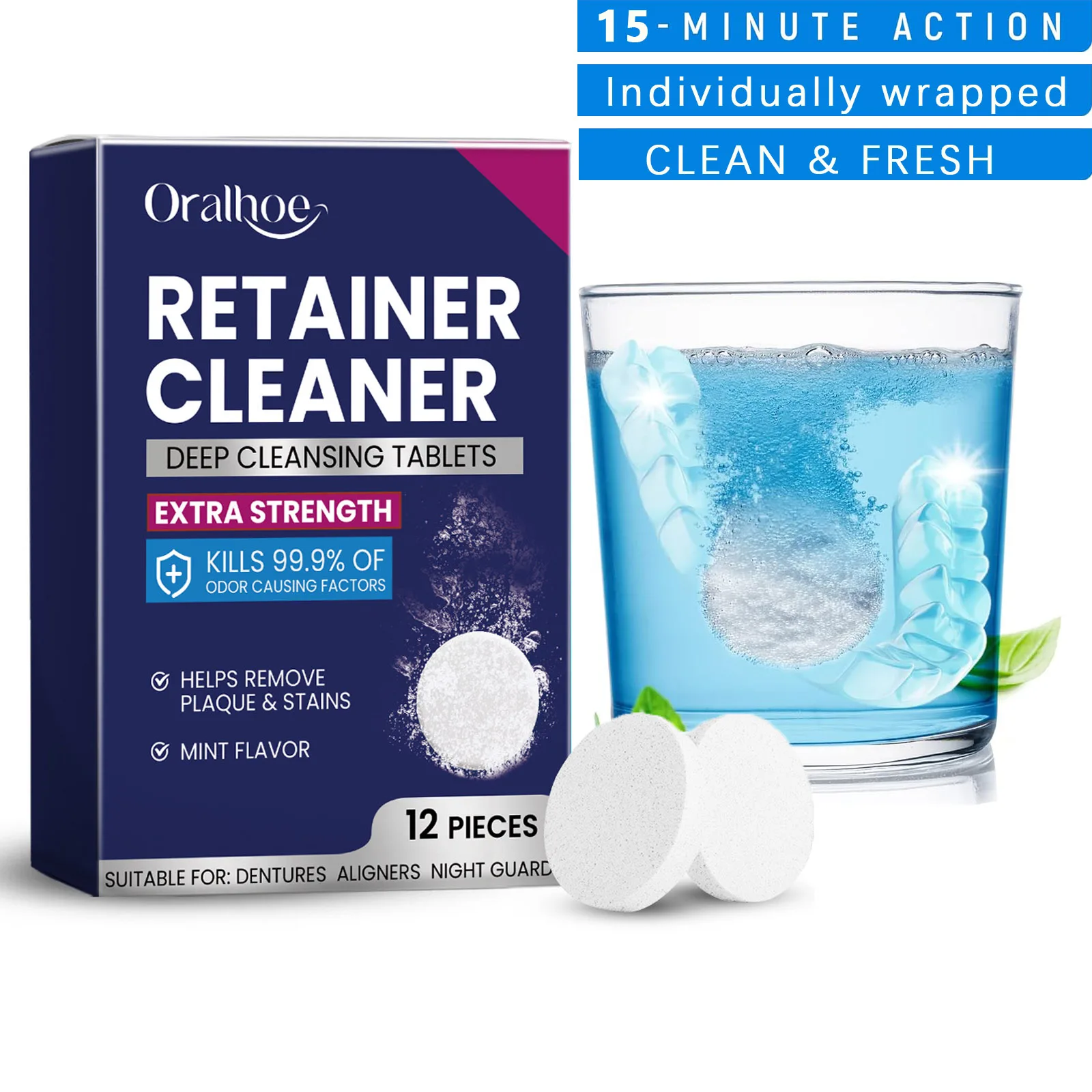 Denture Cleaner Tablets Remove Odors Discoloration Stains Plaque - 12 Retainer Cleaner Tablets for Aligner, Mouth & Night Guard