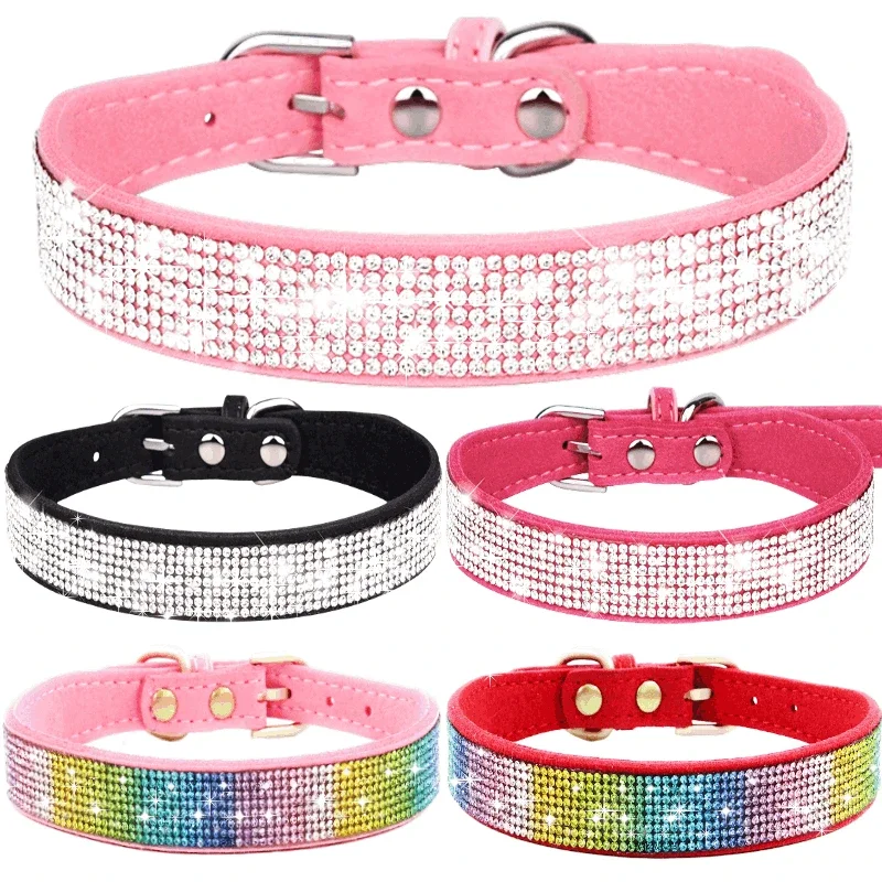 Neues Wildleder-Faser-Kristall-Hundehalsband, Komfortables Glitzer-Strass-Hundehalsband mit Zinklegierungsschnalle für kleine Hunde und Katzen XS-L