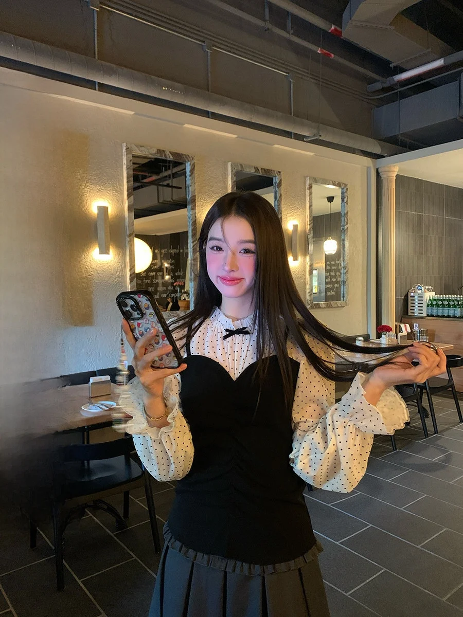 

Sinbounboun Korean Sle Polka Dot irt Women's Slim Fit Long Sve Chiffon Blouse Sweet Vintage Waist Cinched Fake Two-Piece