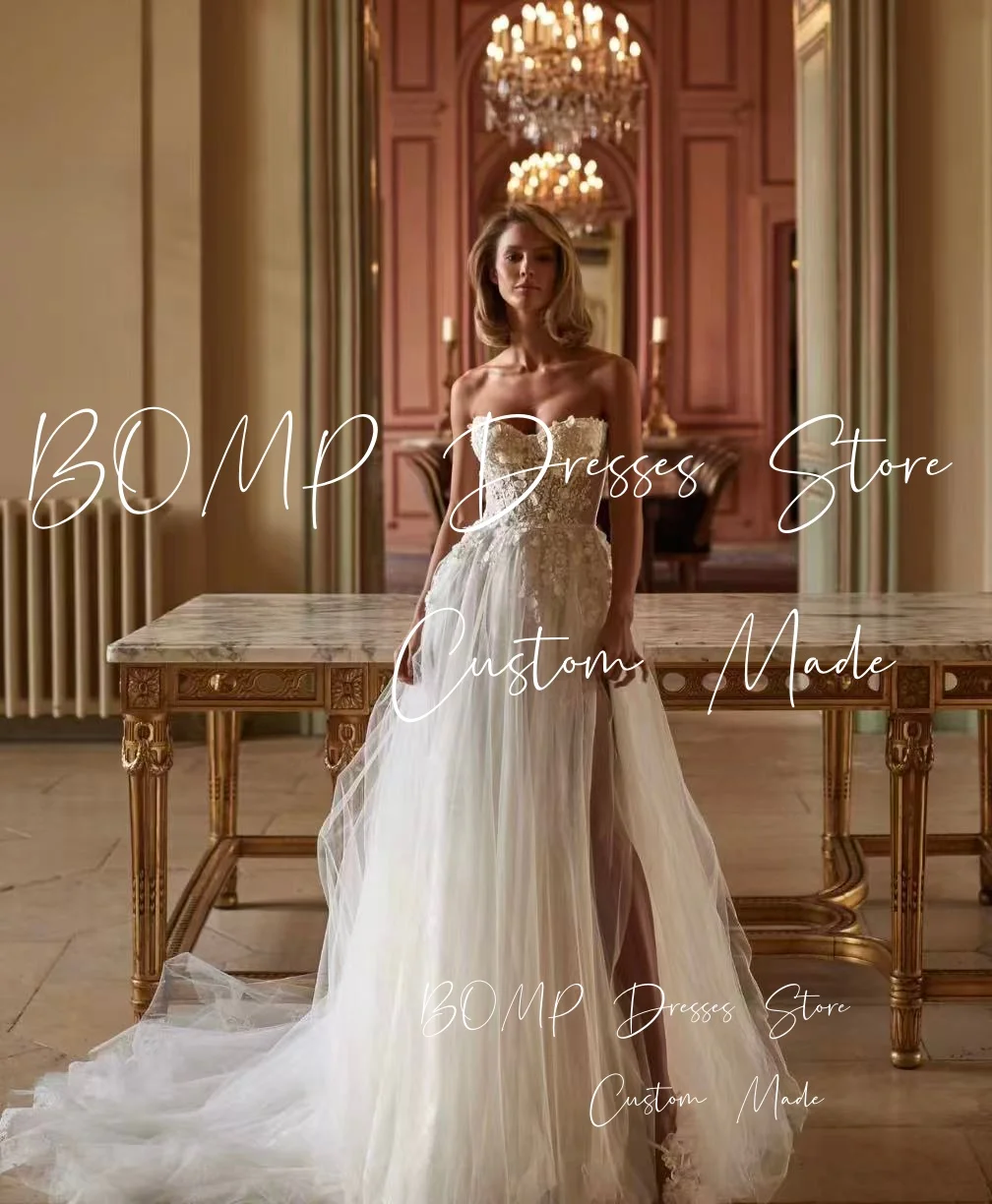 Suknie ślubne BOMP Vintage z kwiatami 3D dla panny młodej, dekolt w serduszko, wysokie rozcięcie z boku, suknia ślubna szyta na miarę, nowa suknia ślubna 2026