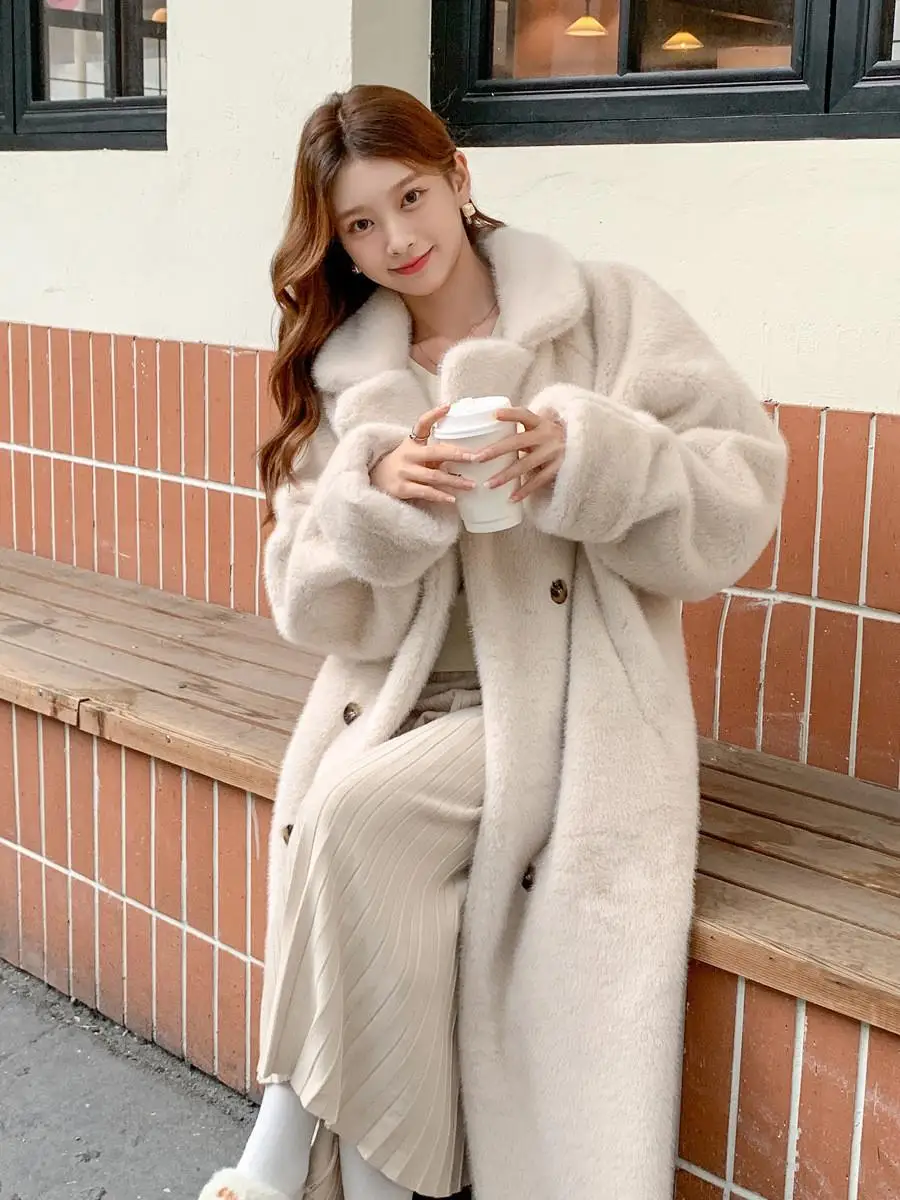 Long Length Mink Fur Coat Warm Plu Furry Outerwear Women's Double Breasted Suit Collar Fur Jaet Luxury Animal Skin Leather