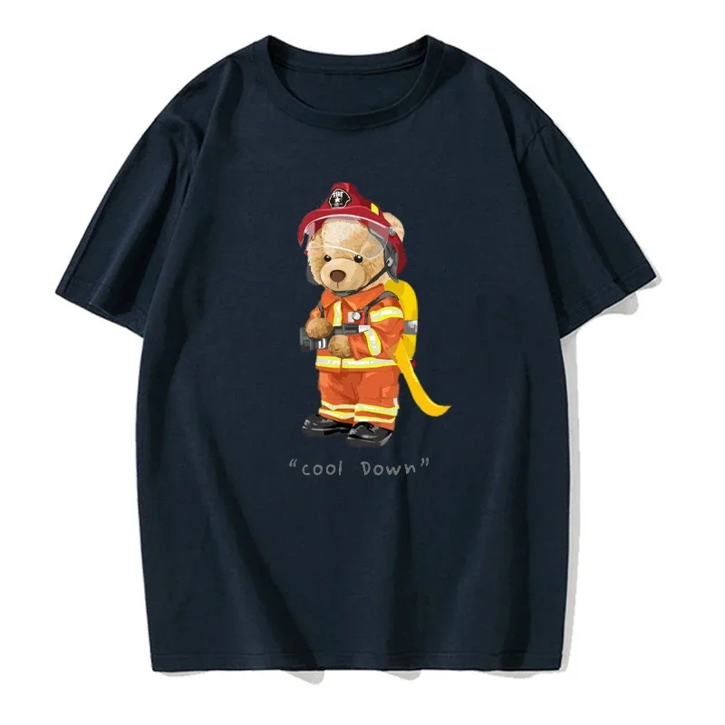 Firefighter Teddy Bear Cool Letter Pattern T-shirt Creative Unisex Street Clothing Top Summer Men\'s Clothing Fashion T-shirt