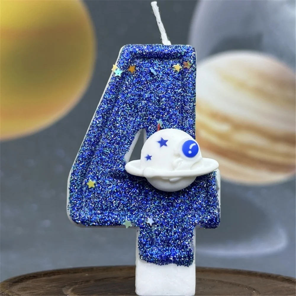 Boys Birthday Number Candle Cake Topper Blue Planetary Universe Children Baby Party One Year Old Dessert Decor Baking Supplie