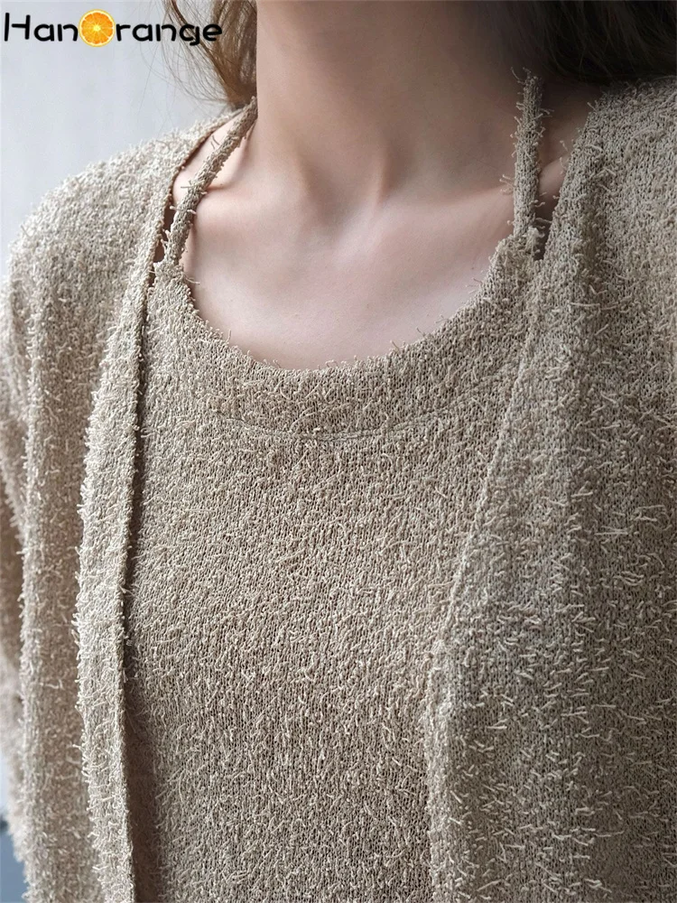 HanOrange 2024 Autumn Lazy Towel Texture Camisole + One Button Cardigan Knitted Set Women Layered Top White/Light Coffee