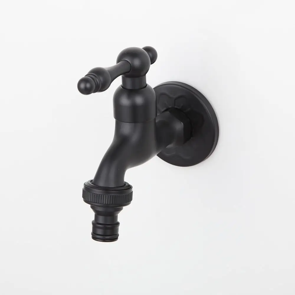 Outdoor Wall-Mounted Hose Faucet for Garden, Basin, and Sink - Brass Tap with Black Finish