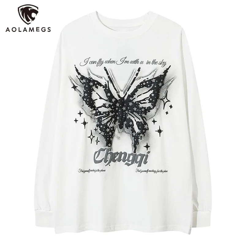 Men's Long Sleeve T-shirt Butterfly Pattern Fashion Hip Hop Tops All-match Bottoming Shirt Pure Cotton Casual Hip Hop Streetwear